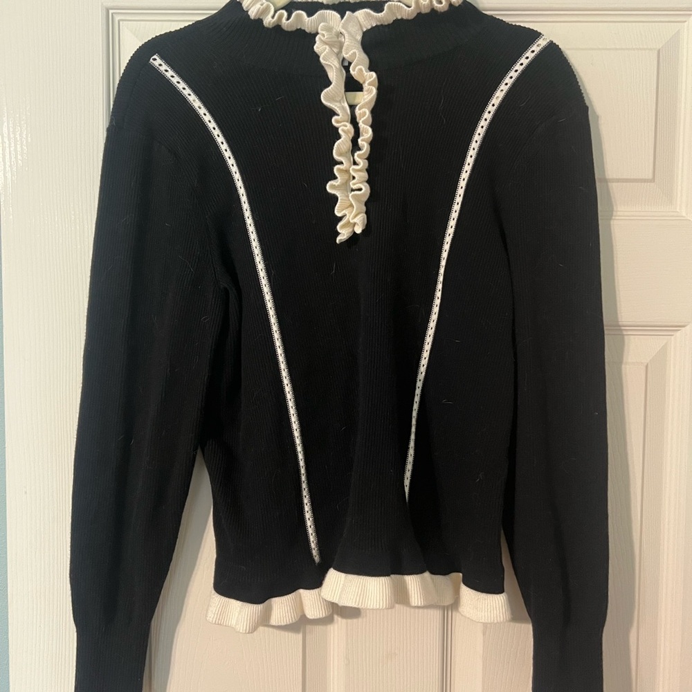 CAbi Black Cardigan with Cream Ruffle Detail
